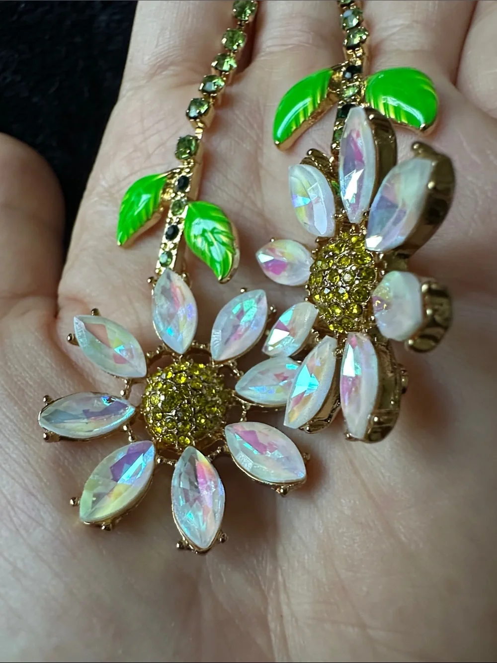 Kenneth Jay Lane Green and Gold Floral Drop Earrings - Picture 3 of 10